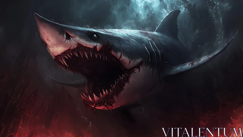 Gigantic battle-scarred shark emerging in infernal seascape