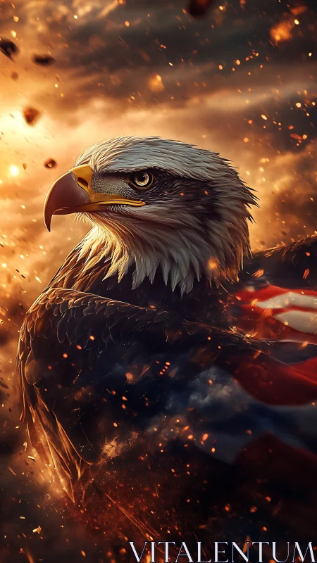 Bald eagle portrait in fiery cinematic lighting with embers