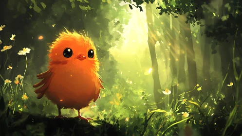 Fluffy orange forest chick basking in soft morning light.