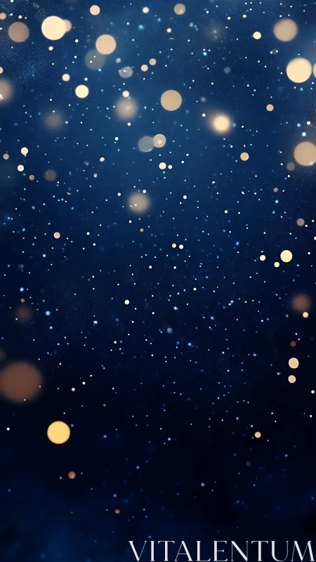 Gold and blue bokeh particles scatter across dark background
