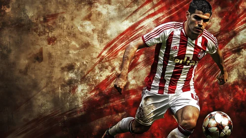 Blood-striped striker sprinting through painted stadium storm.