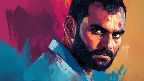 Digital male portrait with bold dual-tone abstract background.