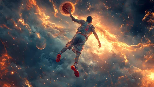 Basketball player rendered in luminous cosmic cloudscape