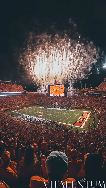 Night stadium roar under explosive fireworks display.