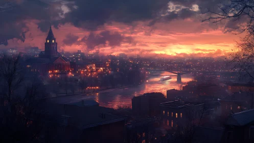 Twilight river metropolis with luminous clocktower and bridge.