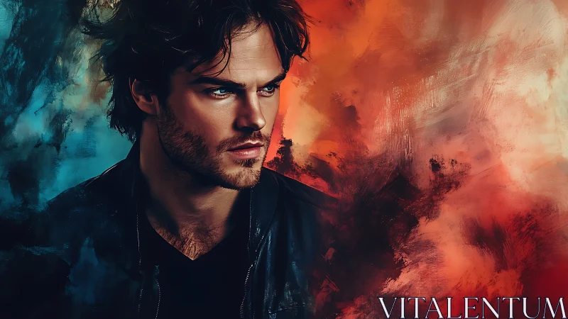 Male portrait against abstract red and blue background.