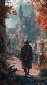 Hooded wanderer enters gothic autumn city under cold sky.