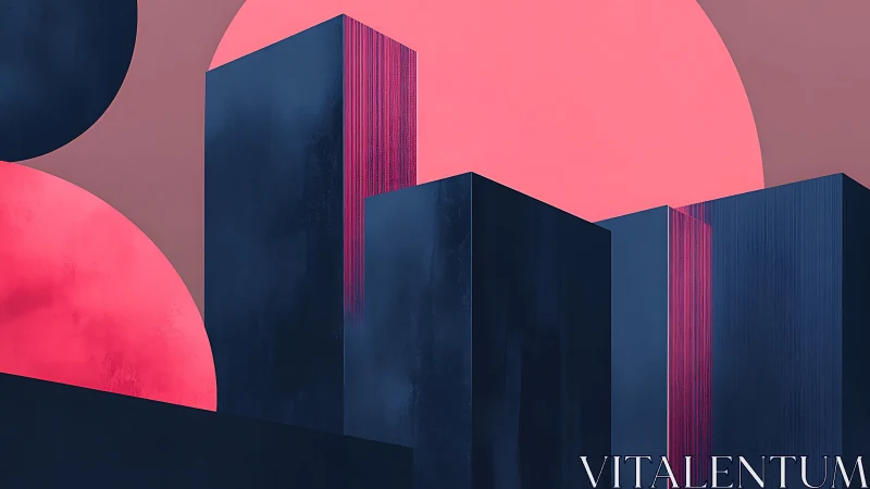 Geometric skyline against dual chromatic suns in abstraction.