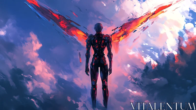 Cybernetic angel ascends through blazing neon sky.