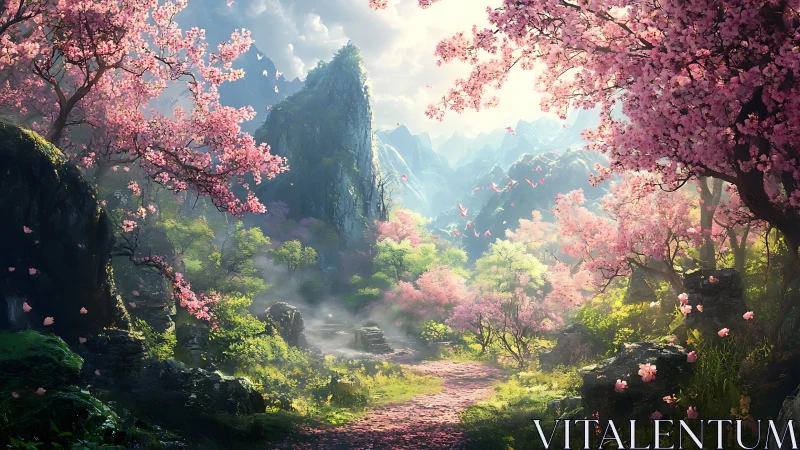 Bloom-laden valley trail under luminous mountain spring light.