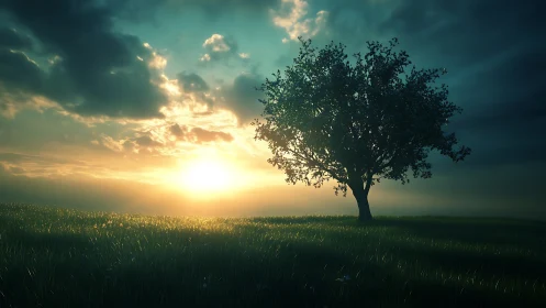 Lone tree on grassy field against dramatic sunset sky.