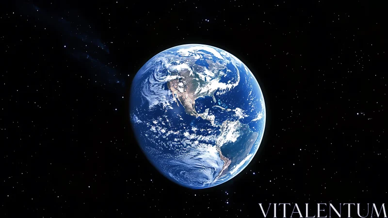 Blue planet drifts like a bright marble through velvet night