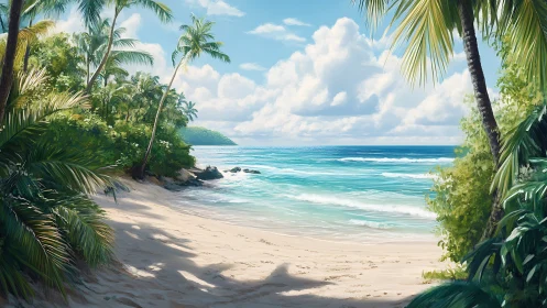 Secluded tropical beach framed by palm foliage and clear waters.