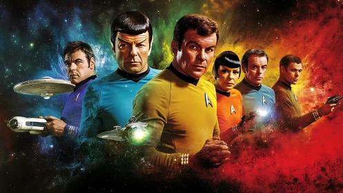 Starfleet crew lineup against colorful nebula backdrop.