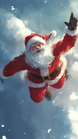 Dynamic overhead view of flying Santa in luminous sky snow