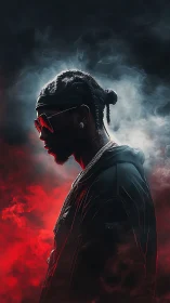 Cool streetwise silhouette glowing in red and smoke.