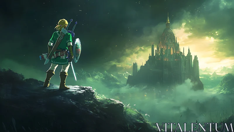 Armored figure surveys distant illuminated fantasy fortress