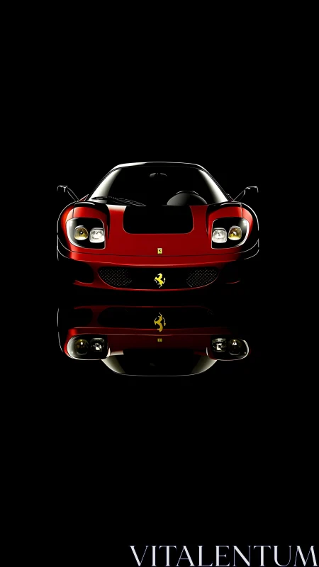 Low-key frontal study of red supercar with mirror reflection.