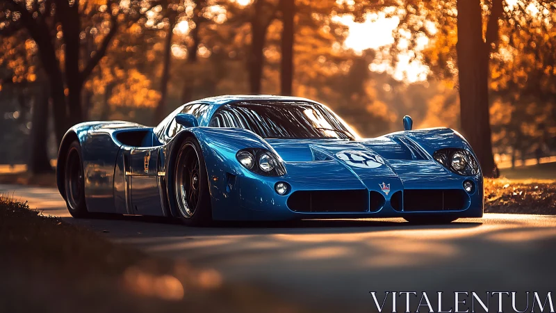 Low-slung blue endurance racer under warm backlit autumn canopy