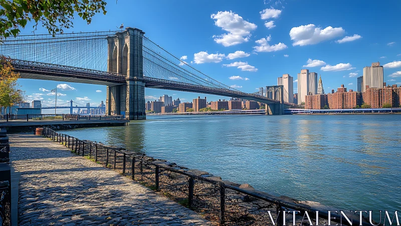 Cable-stayed suspension bridge spans river beside cobblestone esplanade
