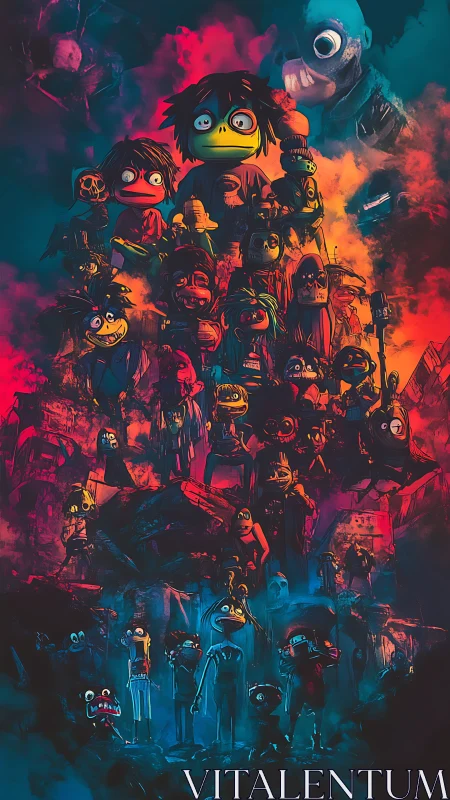 Surreal cartoon horde rises through neon smoke and ruins.