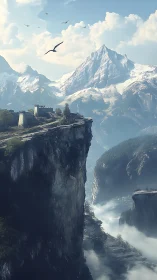 Fortified structure occupies cliff edge above layered mountains