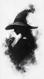 Silhouette of witch in smoke with pointed hat and crow.