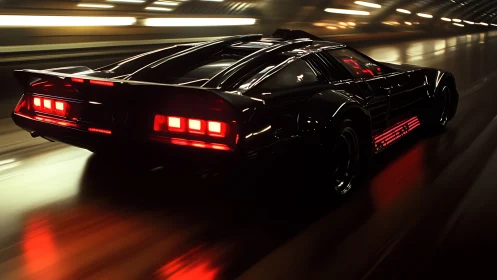 Futuristic black supercar races through neon tunnel at speed.