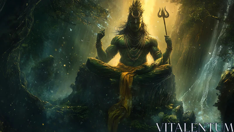 Meditating multi-armed figure in forest with trident staff.