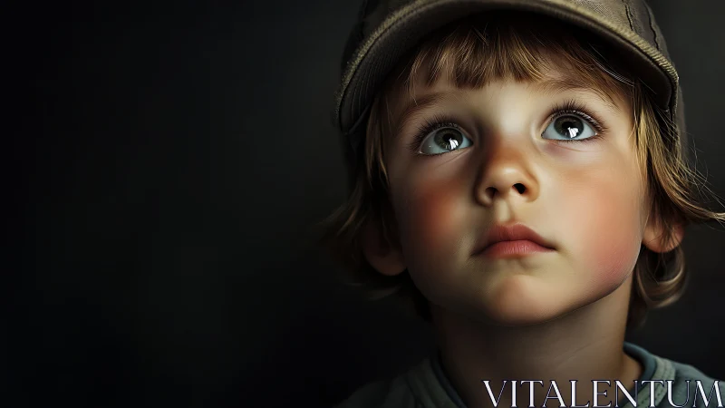 Contemplative child in cap gazes upward against dark backdrop.