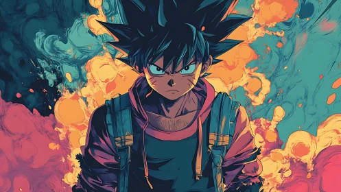 Anime street warrior amid neon smoke and blazing energy.