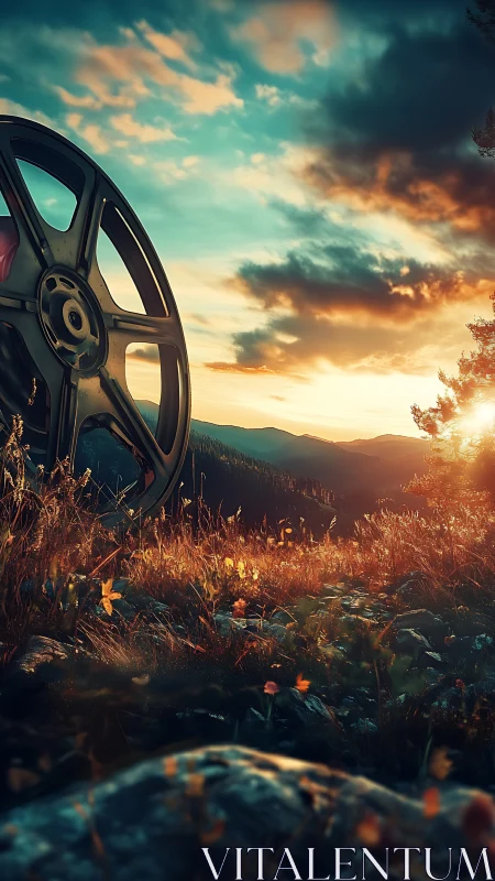 Cinematic steel wheel embedded in sunlit alpine meadowscape.