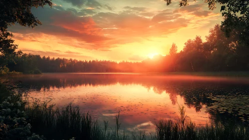 Radiant sunset over tranquil forest lake with soft mist glow.