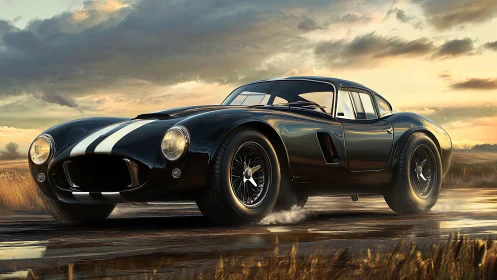 Black classic sports coupe on wet rural road at dusk.