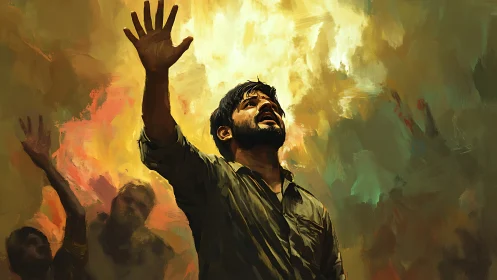 Expressive digital painting of man reaching toward radiant sky.