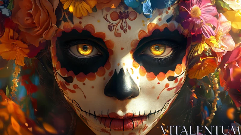 Catrina portrait with vivid marigolds frames glowing golden eyes