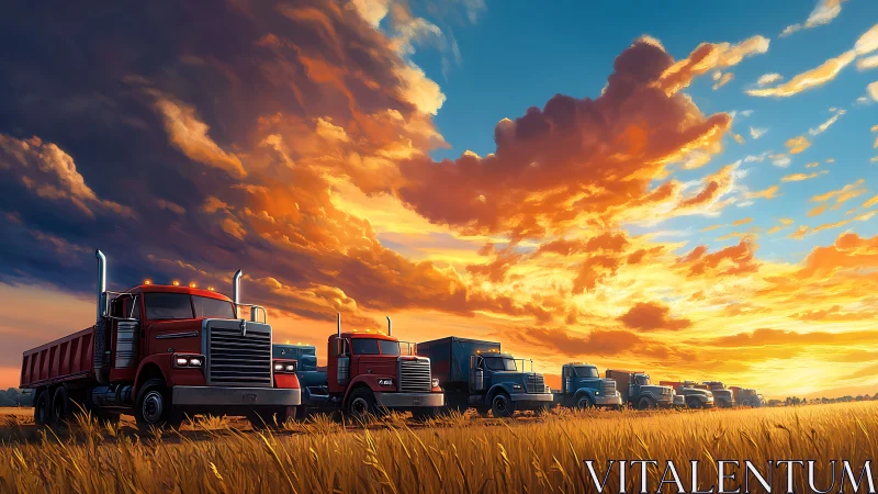 Line of freight trucks in grain field under sunset sky.
