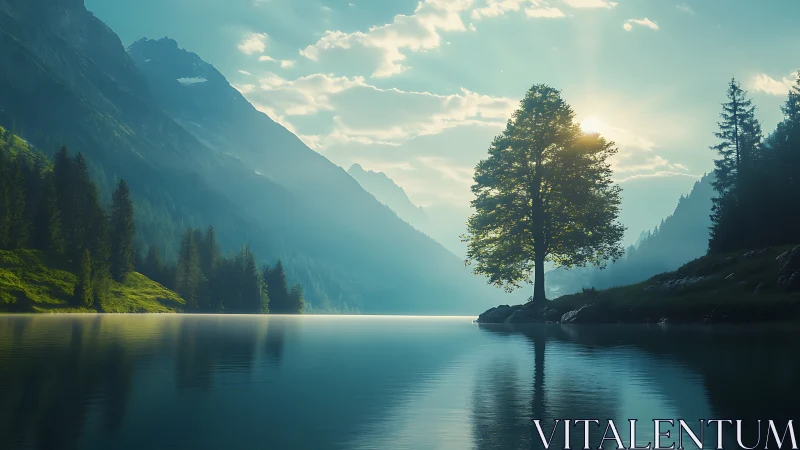 Solitary lakeside tree stands against backlit mountain valley