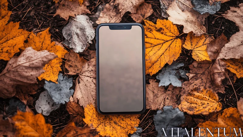 Smartphone with reflective display in dense autumn leaf matrix.