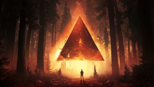 Glowing triangular portal hovers over lone forest wanderer