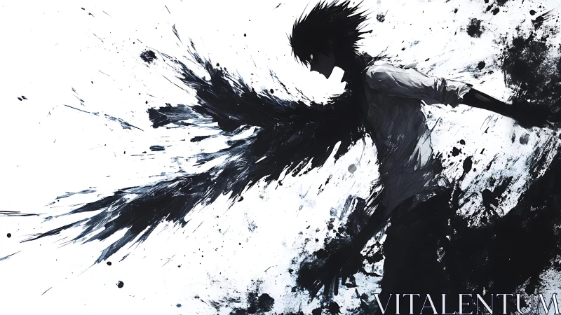 Ink-splattered winged silhouette dissolves into motion.