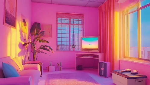 Neon gradient living room interior in pastel 3D render.