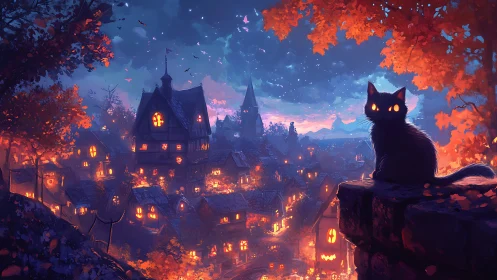 Haunted Village at Twilight with Black Cat