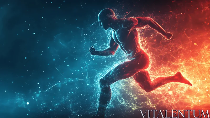 Energy-split runner silhouette crosses dynamic blue-red plasma field