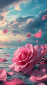 Pink rose floating on reflective sea beneath pastel sky.