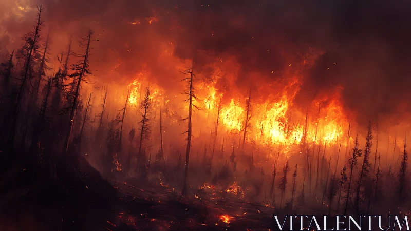Intense forest fire with skeletal trees and massive flames.