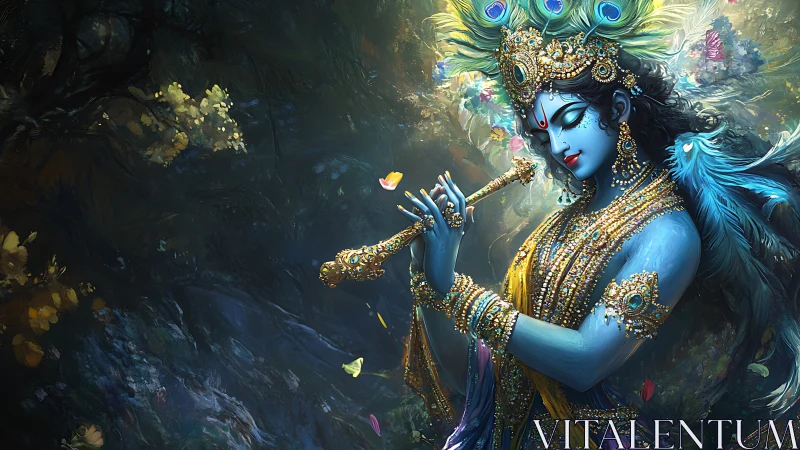 Blue-skinned figure plays flute amid dense ornamental foliage