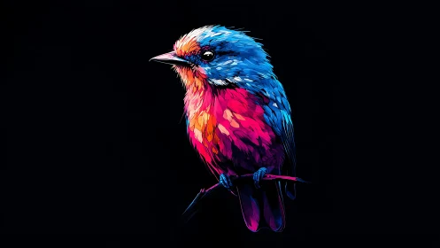 Neon songbird illustration on black minimalist background.