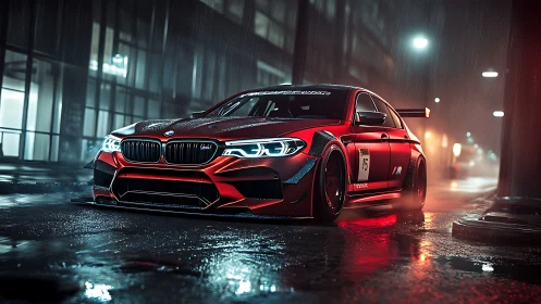 Widebody red race sedan in wet neon-lit nocturnal street