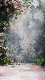 Soft pink garden corner against weathered pastel wall.